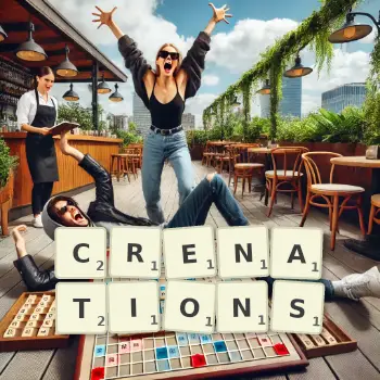 Creative illustration for a Scrabble game with the word CRENATIONS spelled out in tiles on the board.