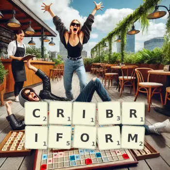 Creative illustration for a Scrabble game with the word CRIBRIFORM spelled out in tiles on the board.