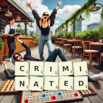 Creative illustration for a Scrabble game with the word CRIMINATED spelled out in tiles on the board.