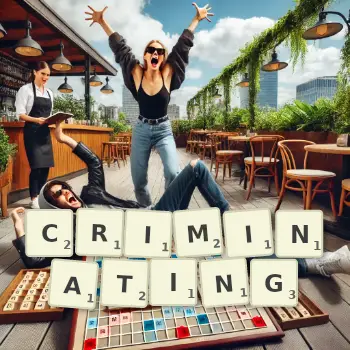 Creative illustration for a Scrabble game with the word CRIMINATING spelled out in tiles on the board.