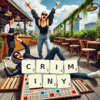 Creative illustration for a Scrabble game with the word CRIMINY spelled out in tiles on the board.