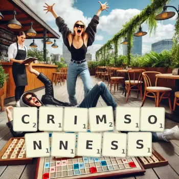 Creative illustration for a Scrabble game with the word CRIMSONNESS spelled out in tiles on the board.