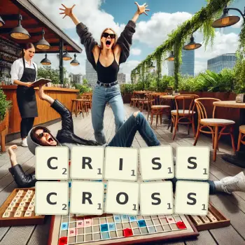 Creative illustration for a Scrabble game with the word CRISSCROSS spelled out in tiles on the board.