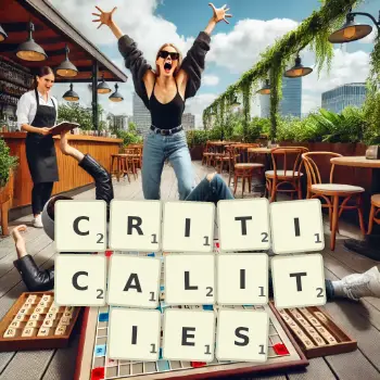 Creative illustration for a Scrabble game with the word CRITICALITIES spelled out in tiles on the board.