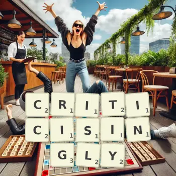 Creative illustration for a Scrabble game with the word CRITICISINGLY spelled out in tiles on the board.