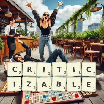 Creative illustration for a Scrabble game with the word CRITICIZABLE spelled out in tiles on the board.