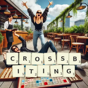 Creative illustration for a Scrabble game with the word CROSSBITING spelled out in tiles on the board.