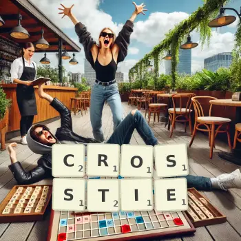 Creative illustration for a Scrabble game with the word CROSSTIE spelled out in tiles on the board.
