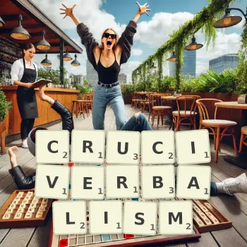 Creative illustration for a Scrabble game with the word CRUCIVERBALISM spelled out in tiles on the board.
