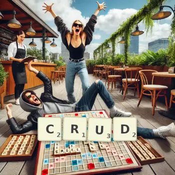 Creative illustration for a Scrabble game with the word CRUD spelled out in tiles on the board.