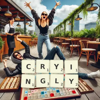 Creative illustration for a Scrabble game with the word CRYINGLY spelled out in tiles on the board.