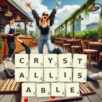 Creative illustration for a Scrabble game with the word CRYSTALLISABLE spelled out in tiles on the board.