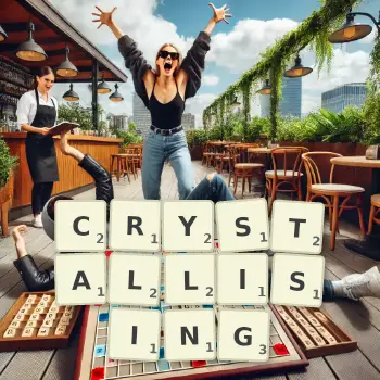 Creative illustration for a Scrabble game with the word CRYSTALLISING spelled out in tiles on the board.
