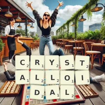 Creative illustration for a Scrabble game with the word CRYSTALLOIDAL spelled out in tiles on the board.