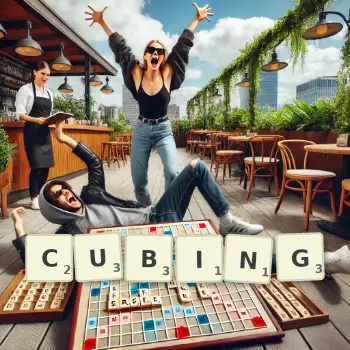 Creative illustration for a Scrabble game with the word CUBING spelled out in tiles on the board.