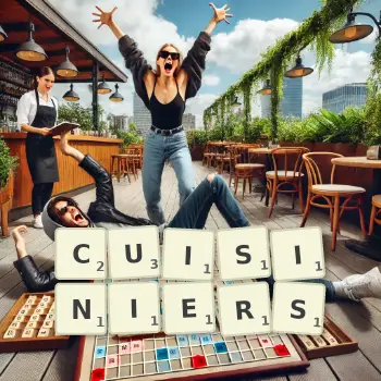 Creative illustration for a Scrabble game with the word CUISINIERS spelled out in tiles on the board.