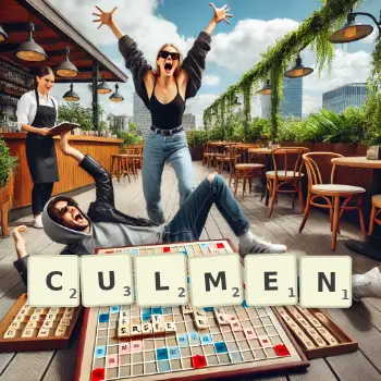 Creative illustration for a Scrabble game with the word CULMEN spelled out in tiles on the board.