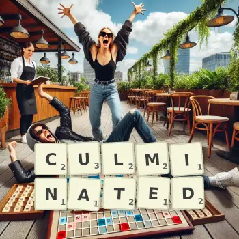 Creative illustration for a Scrabble game with the word CULMINATED spelled out in tiles on the board.