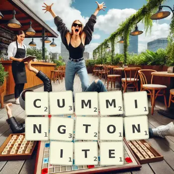 Creative illustration for a Scrabble game with the word CUMMINGTONITE spelled out in tiles on the board.