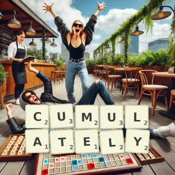 Creative illustration for a Scrabble game with the word CUMULATELY spelled out in tiles on the board.
