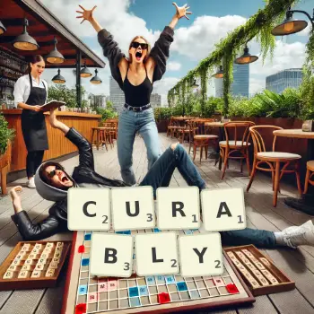 Creative illustration for a Scrabble game with the word CURABLY spelled out in tiles on the board.