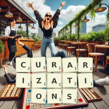 Creative illustration for a Scrabble game with the word CURARIZATIONS spelled out in tiles on the board.