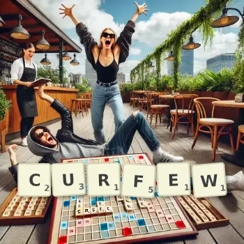 Creative illustration for a Scrabble game with the word CURFEW spelled out in tiles on the board.
