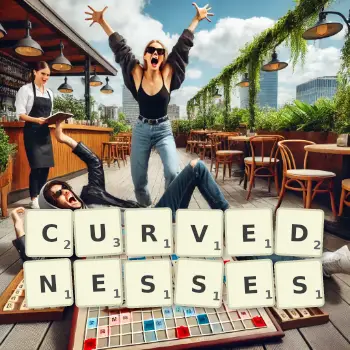 Creative illustration for a Scrabble game with the word CURVEDNESSES spelled out in tiles on the board.