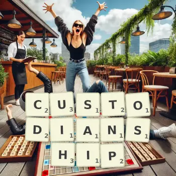 Creative illustration for a Scrabble game with the word CUSTODIANSHIP spelled out in tiles on the board.