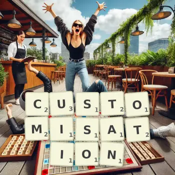 Creative illustration for a Scrabble game with the word CUSTOMISATION spelled out in tiles on the board.