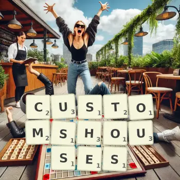 Creative illustration for a Scrabble game with the word CUSTOMSHOUSES spelled out in tiles on the board.