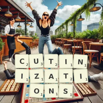Creative illustration for a Scrabble game with the word CUTINIZATIONS spelled out in tiles on the board.