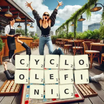 Creative illustration for a Scrabble game with the word CYCLOOLEFINIC spelled out in tiles on the board.