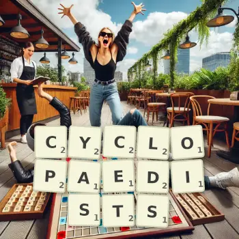 Creative illustration for a Scrabble game with the word CYCLOPAEDISTS spelled out in tiles on the board.