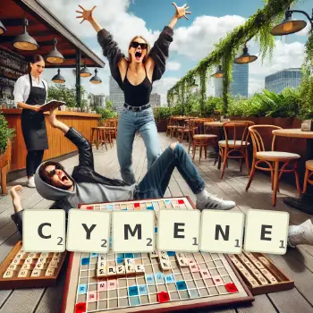 Creative illustration for a Scrabble game with the word CYMENE spelled out in tiles on the board.