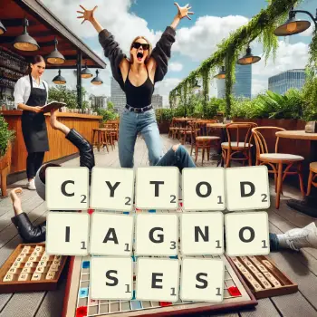 Creative illustration for a Scrabble game with the word CYTODIAGNOSES spelled out in tiles on the board.