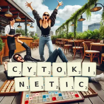 Creative illustration for a Scrabble game with the word CYTOKINETIC spelled out in tiles on the board.