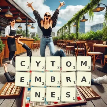 Creative illustration for a Scrabble game with the word CYTOMEMBRANES spelled out in tiles on the board.