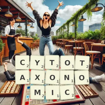 Creative illustration for a Scrabble game with the word CYTOTAXONOMIC spelled out in tiles on the board.