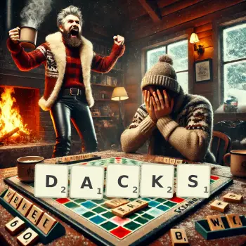 Creative illustration for a Scrabble game with the word DACKS spelled out in tiles on the board.