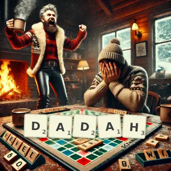 Creative illustration for a Scrabble game with the word DADAH spelled out in tiles on the board.