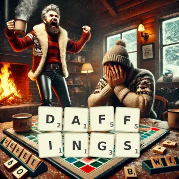 Creative illustration for a Scrabble game with the word DAFFINGS spelled out in tiles on the board.