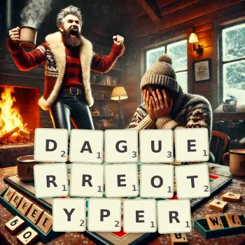 Creative illustration for a Scrabble game with the word DAGUERREOTYPER spelled out in tiles on the board.