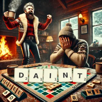 Creative illustration for a Scrabble game with the word DAINT spelled out in tiles on the board.