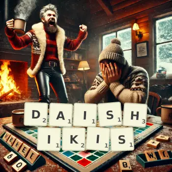 Creative illustration for a Scrabble game with the word DAISHIKIS spelled out in tiles on the board.
