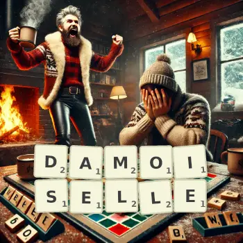 Creative illustration for a Scrabble game with the word DAMOISELLE spelled out in tiles on the board.