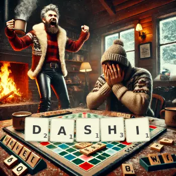 Creative illustration for a Scrabble game with the word DASHI spelled out in tiles on the board.