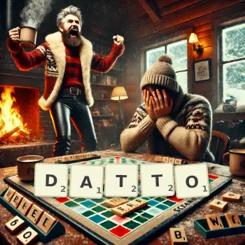 Creative illustration for a Scrabble game with the word DATTO spelled out in tiles on the board.