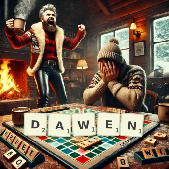 Creative illustration for a Scrabble game with the word DAWEN spelled out in tiles on the board.