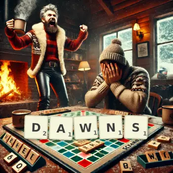 Creative illustration for a Scrabble game with the word DAWNS spelled out in tiles on the board.